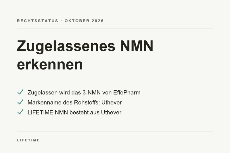 Zugelassenes NMN erkennen: Zugelassen wird das β-NMN von EffePharm, Markenname Uthever. LIFETIME NMN besteht aus Uthever.