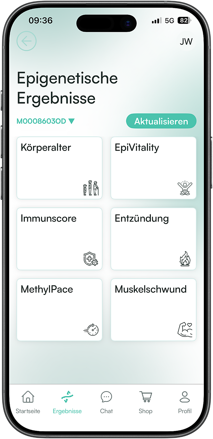 Epigenetische Ergebnisse in der LIFETIME App: Körperalter, Immunscore, Entzündung, MethylPace