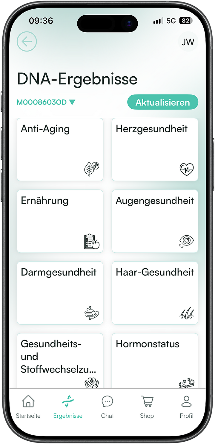 DNA-Ergebnisse in der LIFETIME App: Kacheln von Herzgesundheit bis Hormonstatus