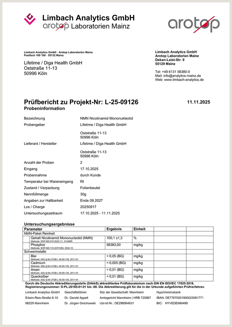 Prüfbericht von Limbach Analytics zur NMN-Charge 20250917