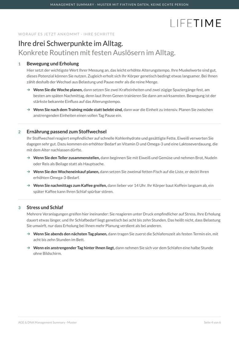 Muster der Management Summary mit fiktiven Daten, Seite 4: konkrete Routinen für den Alltag